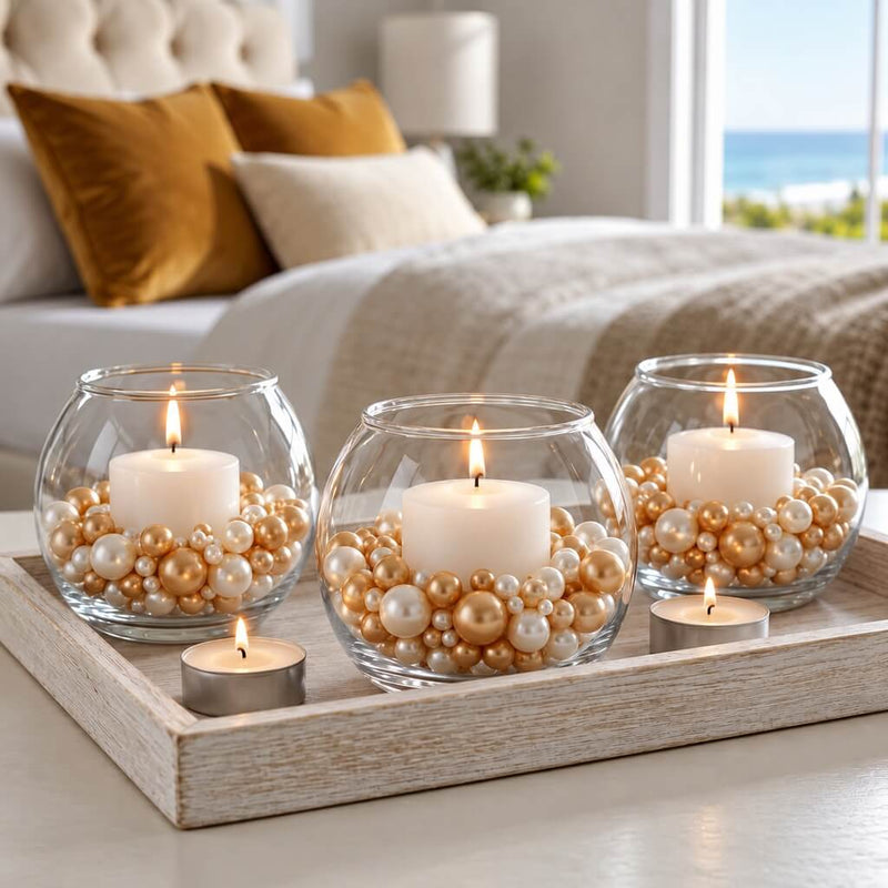 Three glass bowl vases with lit candles surrounded by off-white and gold pearls on a tray - thumbnail number 7