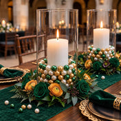 Green, gold, and white pearl beads fill glass vases around lit candles - thumbnail number 4