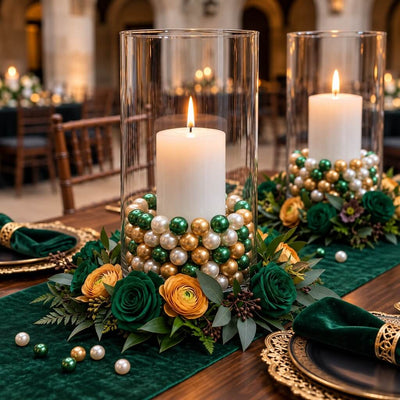 Green, gold, and white pearl beads fill glass vases around lit candles - thumbnail number 4