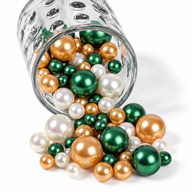 A glass jar spilling green, gold, and white pearl beads - thumbnail number 1