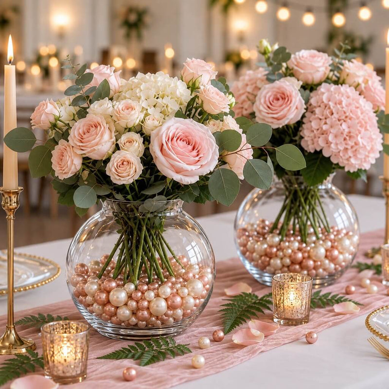 Pink floral bouquets in glass bowl vases filled with rose gold and off-white pearls on a table - thumbnail number 4