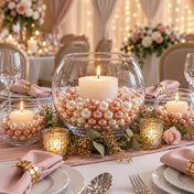 White candles in glass bowls filled with rose gold and off-white pearl beads on a table centerpiece - thumbnail number 7