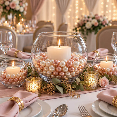 White candles in glass bowls filled with rose gold and off-white pearl beads on a table centerpiece - thumbnail number 7