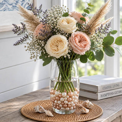 Rose and pampas floral bouquet in a glass vase filled with rose gold and off-white pearl beads - thumbnail number 8