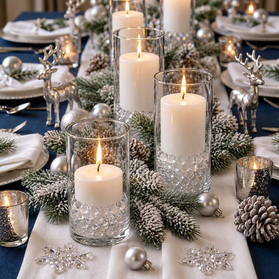 Glass cylinder vases with lit candles, filled with clear water gel beads on a festive holiday table - thumbnail number 3