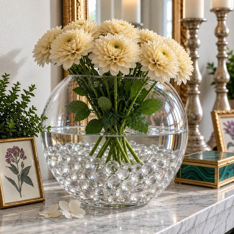 A glass bubble bowl vase with white flowers, filled with clear water gel beads - thumbnail number 7