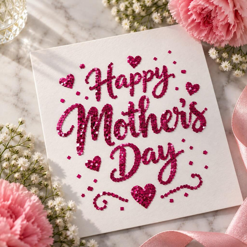 A Mother's Day card featuring lettering and hearts made from metallic hot pink chunky glitter - thumbnail number 3