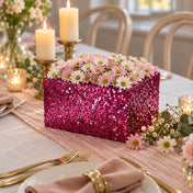 A square centerpiece box covered in metallic hot pink chunky glitter, holding daisies - thumbnail number 4