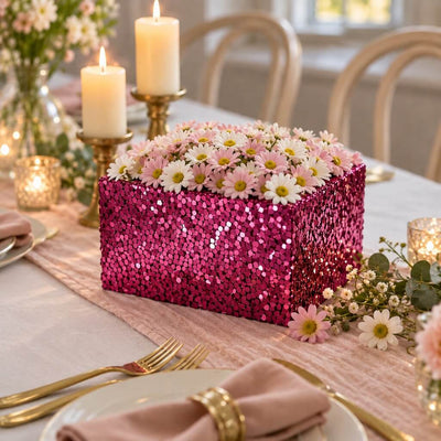 A square centerpiece box covered in metallic hot pink chunky glitter, holding daisies - thumbnail number 4