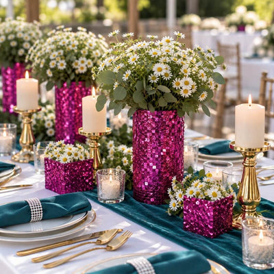 Wedding table setting with vases and holders decorated with metallic hot pink chunky glitter - thumbnail number 5