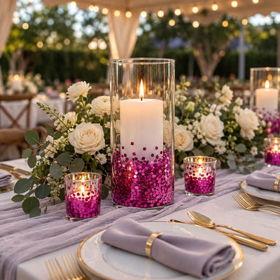 A wedding table setting with glass candle holders filled with metallic hot pink chunky glitter - thumbnail number 7