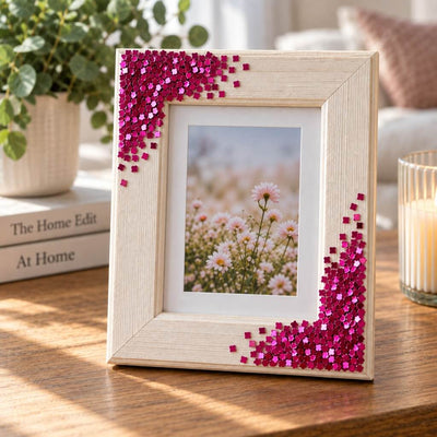 A wooden picture frame decorated with metallic hot pink chunky glitter in opposing corners - thumbnail number 9