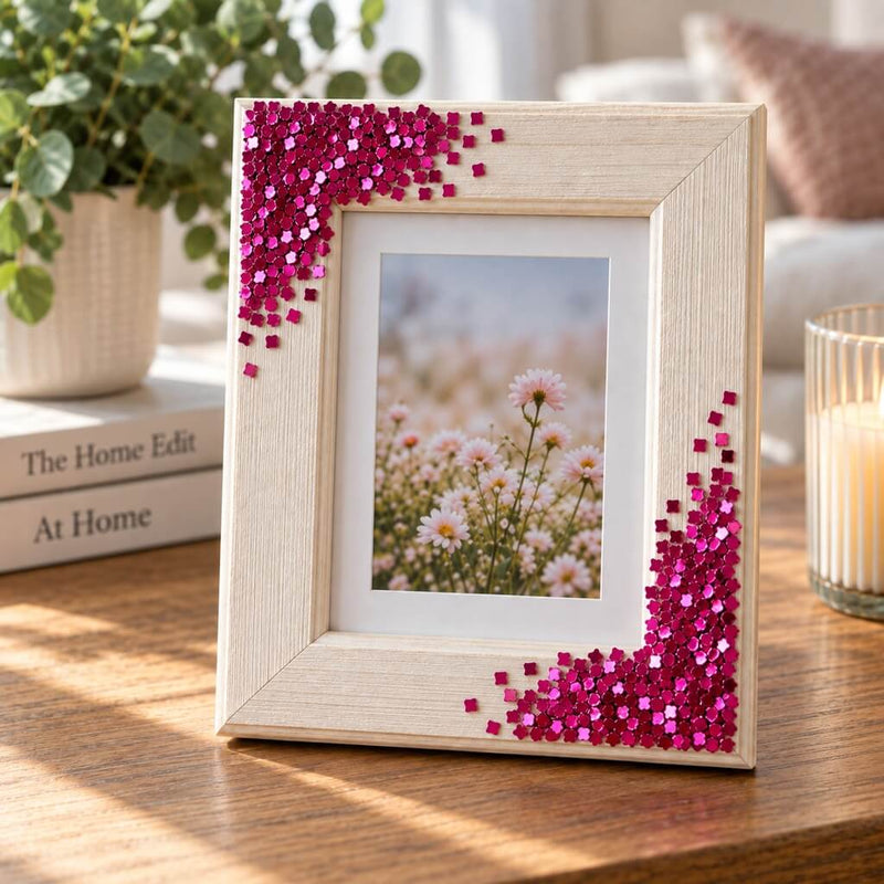 A wooden picture frame decorated with metallic hot pink chunky glitter in opposing corners - thumbnail number 9