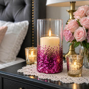 A tall glass candle holder decorated with metallic hot pink chunky glitter - thumbnail number 10