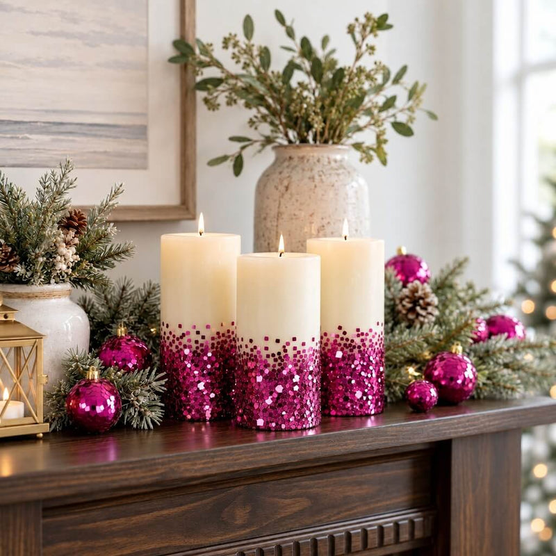 Candles decorated with metallic hot pink chunky glitter on a holiday mantelpiece - thumbnail number 12