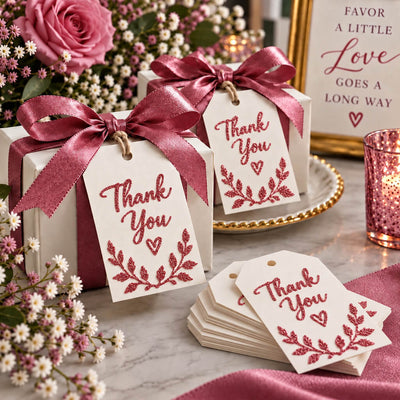 Gift boxes and thank you tags decorated with rose gold glitter lettering and bows - thumbnail number 3