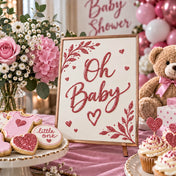 Baby shower sign with rose gold glitter lettering, surrounded by themed treats and decor - thumbnail number 4