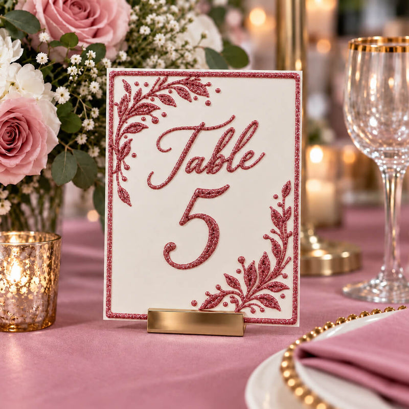 Table 5 sign with rose gold glitter detailing in a wedding setting - thumbnail number 5