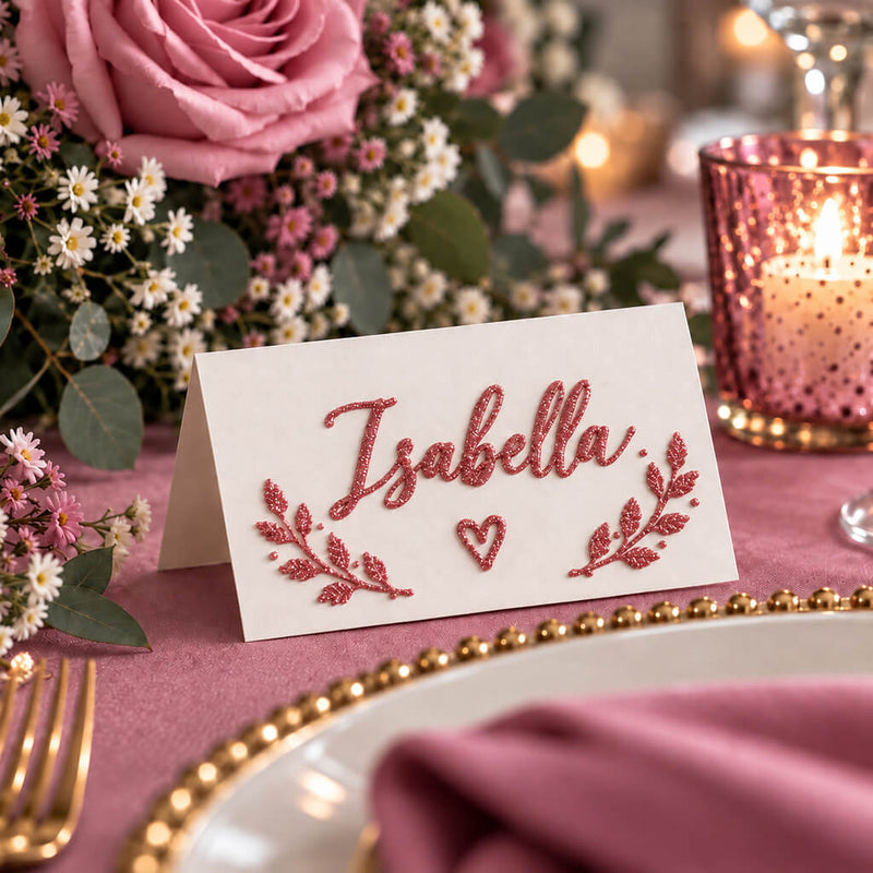 Place card with the name Isabella written in rose gold glitter, surrounded by floral decor - thumbnail number 6