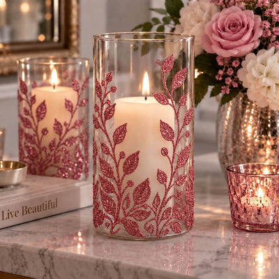 Glass candle holders decorated with rose gold glitter vine and leaf designs - thumbnail number 7
