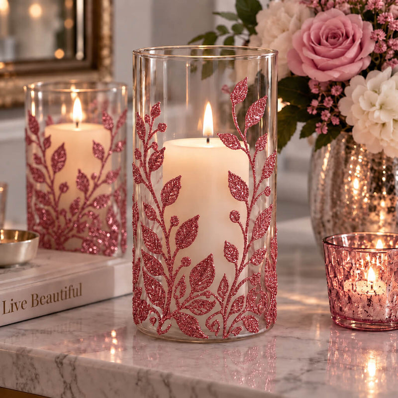Glass candle holders decorated with rose gold glitter vine and leaf designs - thumbnail number 7