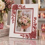 White picture frame decorated with rose gold glitter roses holding a wedding photo - thumbnail number 8