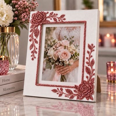 White picture frame decorated with rose gold glitter roses holding a wedding photo - thumbnail number 8