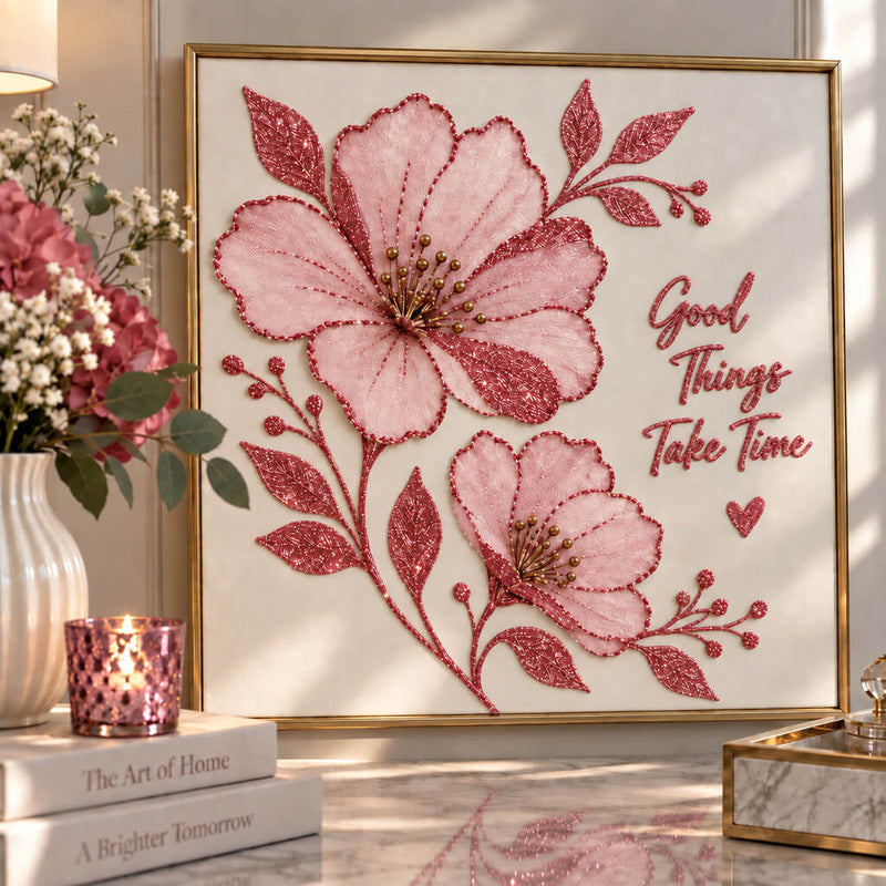 DIY floral canvas art created with rose gold glitter and light pink paint, framed on a table - thumbnail number 9