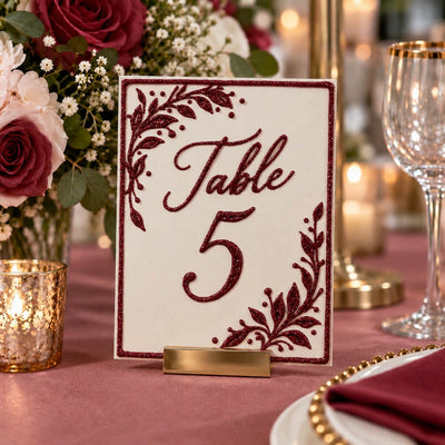 Table 5 sign decorated with burgundy glitter floral designs in a restaurant setup - thumbnail number 2