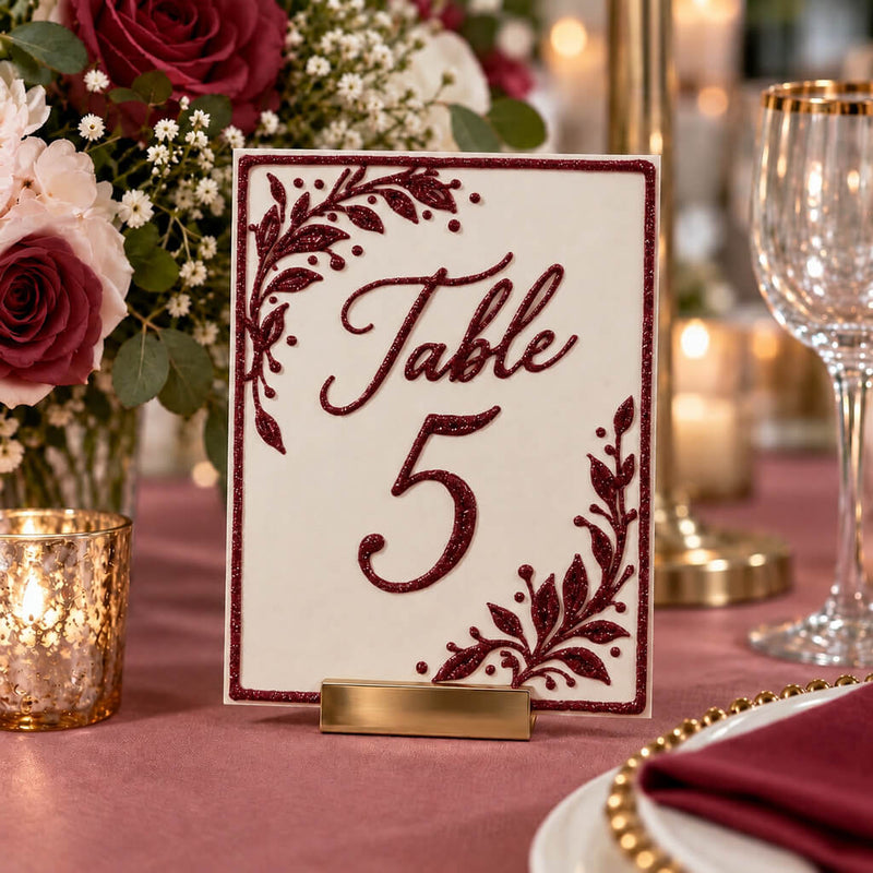 Table 5 sign decorated with burgundy glitter floral designs in a restaurant setup - thumbnail number 2