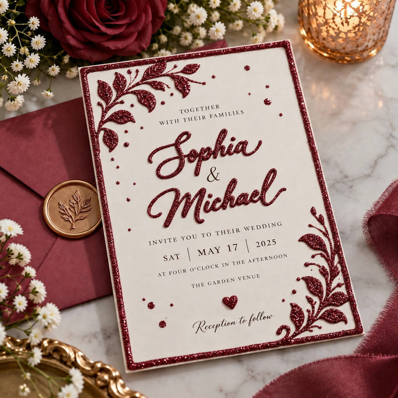 Wedding invitation with burgundy glitter floral accents for Sophia & Michael - thumbnail number 3