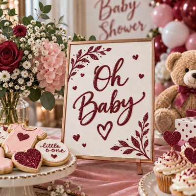 Oh Baby sign with burgundy glitter for a baby shower setup - thumbnail number 5