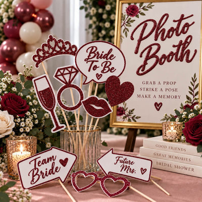 Burgundy glitter bridal shower photo booth props in a glass jar next to a sign - thumbnail number 6