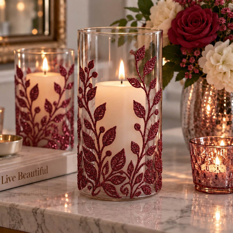 Glass candle holders decorated with burgundy glitter vine patterns - thumbnail number 7