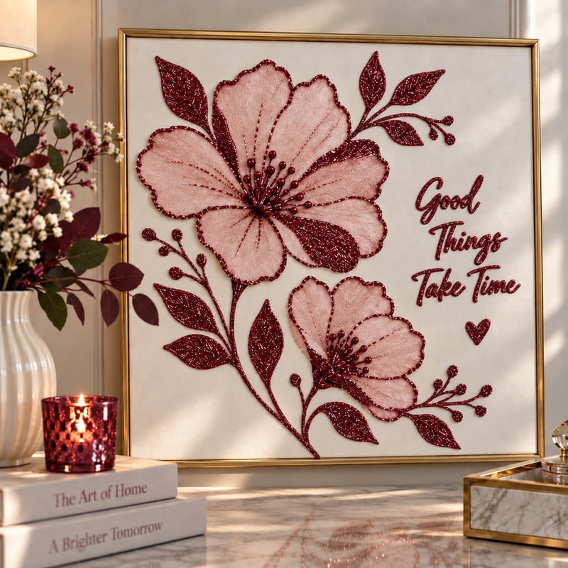 Framed floral artwork with burgundy glitter and the phrase Good Things Take Time - thumbnail number 8