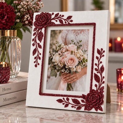 Picture frame decorated with burgundy glitter roses holding a wedding photo - thumbnail number 9