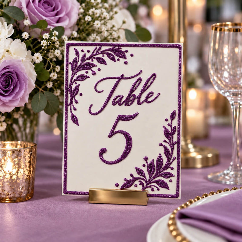 Table 5 sign with purple glitter detailing in a wedding setting - thumbnail number 3
