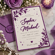 Wedding invitation with purple glitter lettering, borders, and botanical designs - thumbnail number 4