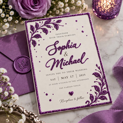 Wedding invitation with purple glitter lettering, borders, and botanical designs - thumbnail number 4