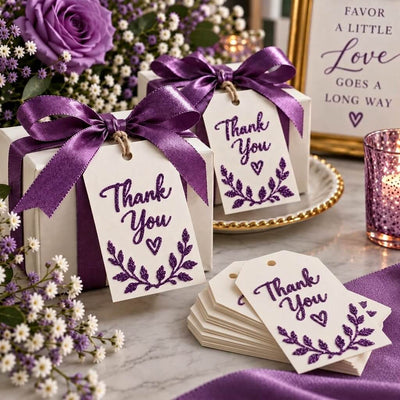 Gift boxes and thank you tags decorated with purple glitter lettering and bows - thumbnail number 6