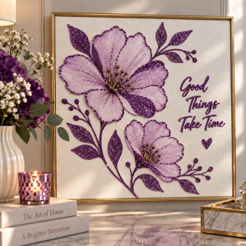 DIY floral canvas art created with purple glitter and light purple paint, framed on a table - thumbnail number 8