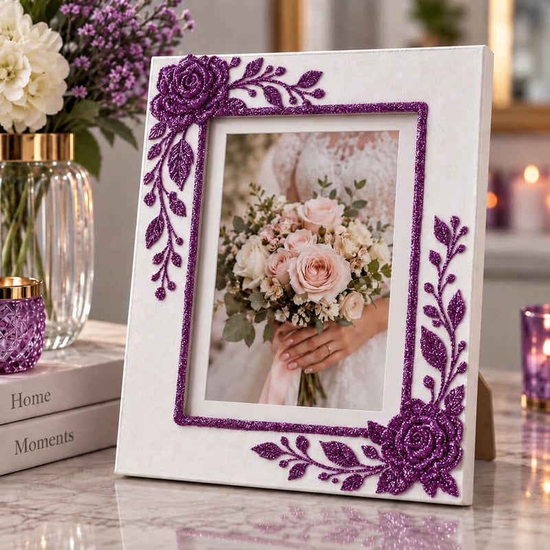 White picture frame decorated with purple glitter roses holding a wedding photo - thumbnail number 9