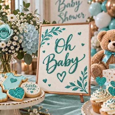 Baby shower sign with turquoise glitter lettering, surrounded by themed treats and decor - thumbnail number 5