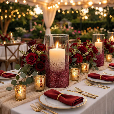 Glass hurricane candle holder decorated with metallic burgundy glitter, surrounded by red roses - thumbnail number 3