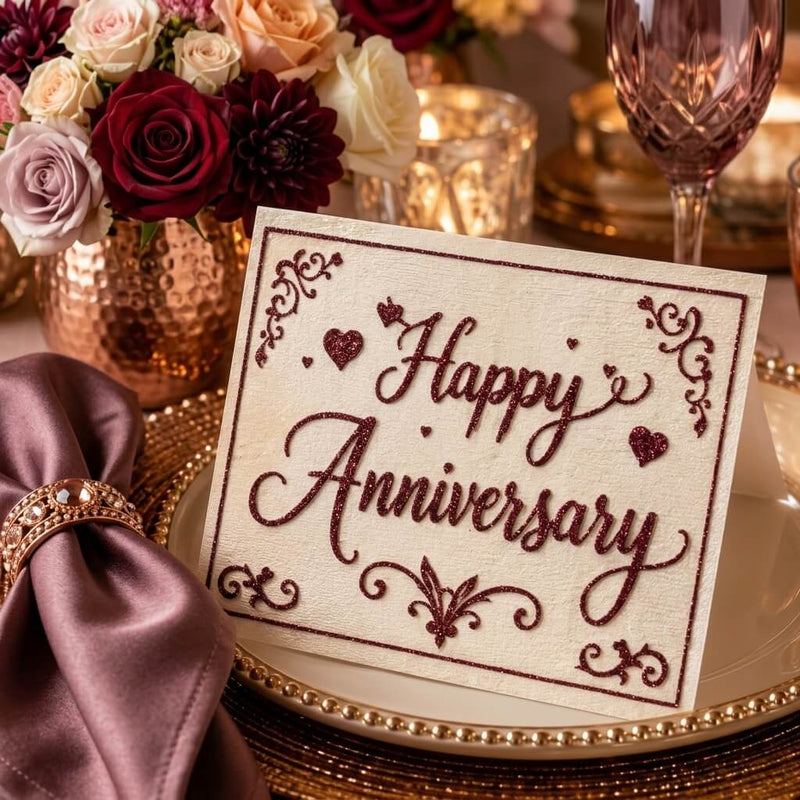 Metallic burgundy glitter used to create Happy Anniversary lettering on a greeting card - thumbnail number 6