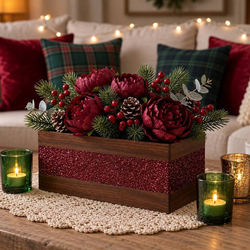 Wooden centerpiece box decorated with metallic burgundy glitter and filled with festive florals - thumbnail number 7