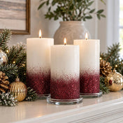 Pillars candles decorated with metallic burgundy glitter dust, displayed with holiday pine and ornaments - thumbnail number 9