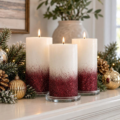 Pillars candles decorated with metallic burgundy glitter dust, displayed with holiday pine and ornaments - thumbnail number 9