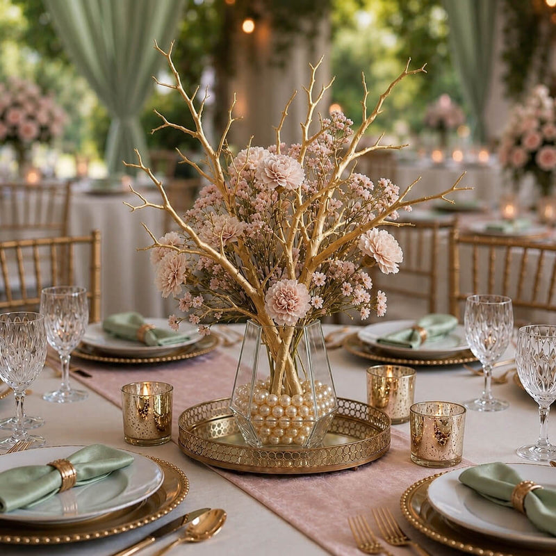 Metallic gold manzanita branches with pink flowers in a pearl-filled vase centerpiece - thumbnail number 6