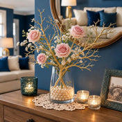 Metallic gold manzanita branches with pink roses in a pearl-filled glass vase centerpiece - thumbnail number 8